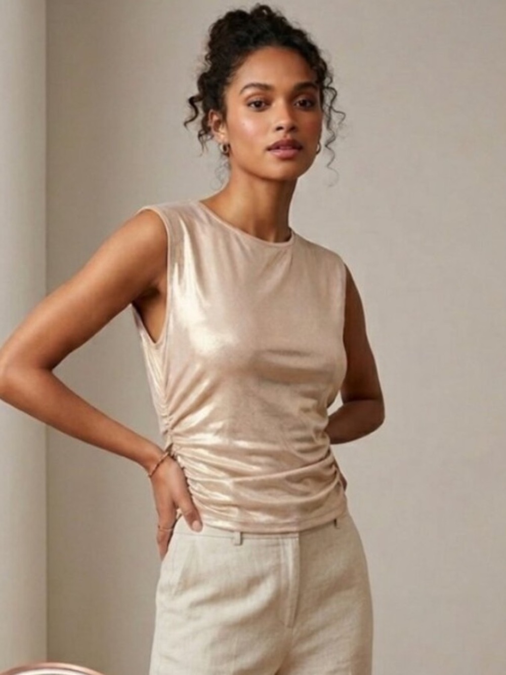 Maeve Metallic Cream Sleeveless Tank